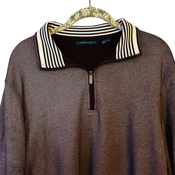 Perry Ellis Brown Pullover 1/2 Zipper Sweater with Striped Collar - Picture 3 of 7